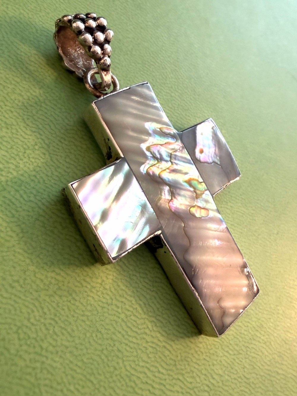 Mexico Artist Signed 925 Sterling Silver Cross Abalone Shell Pendant Necklace